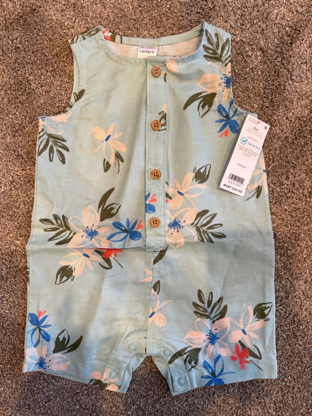 Carter's Mint Blue Tropical Button Romper 3-6 Months NWT